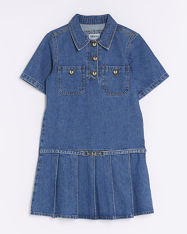 Blue Denim Short Sleeve Pleated Mini Dress