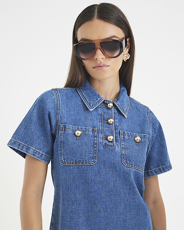 Blue Denim Short Sleeve Pleated Mini Dress