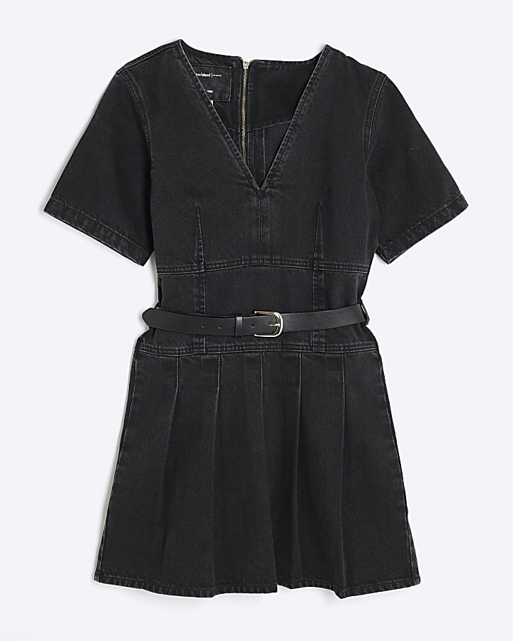 Black Denim Short Sleeve Pleated Mini Dress