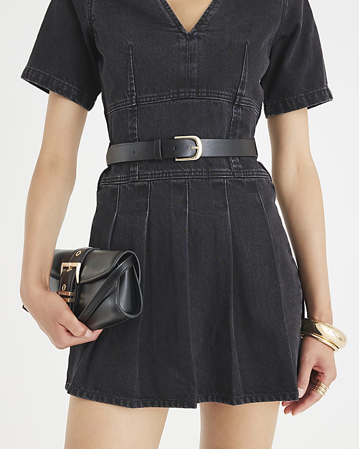 Black Denim Short Sleeve Pleated Mini Dress