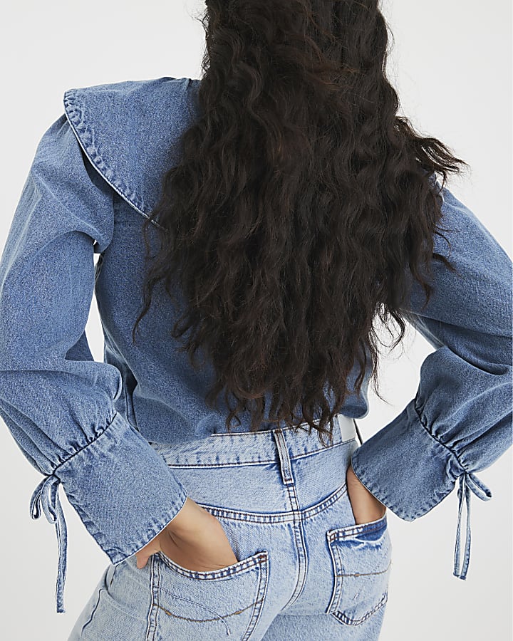 Blue Denim Long Sleeve Collared Shirt