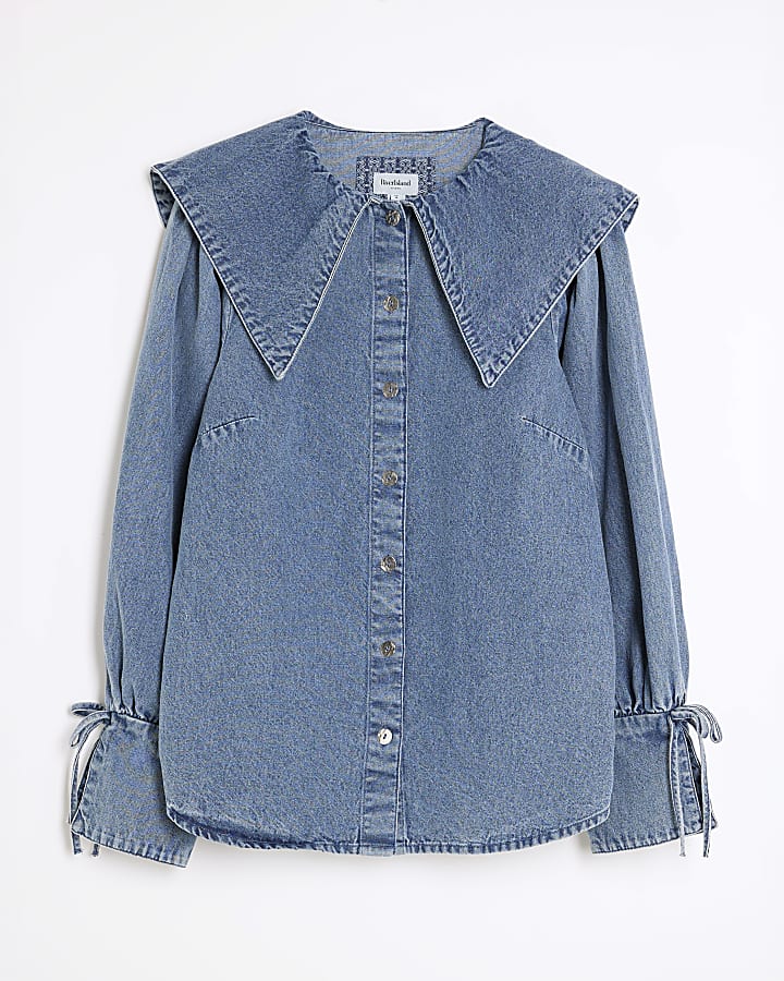 Blue Denim Long Sleeve Collared Shirt