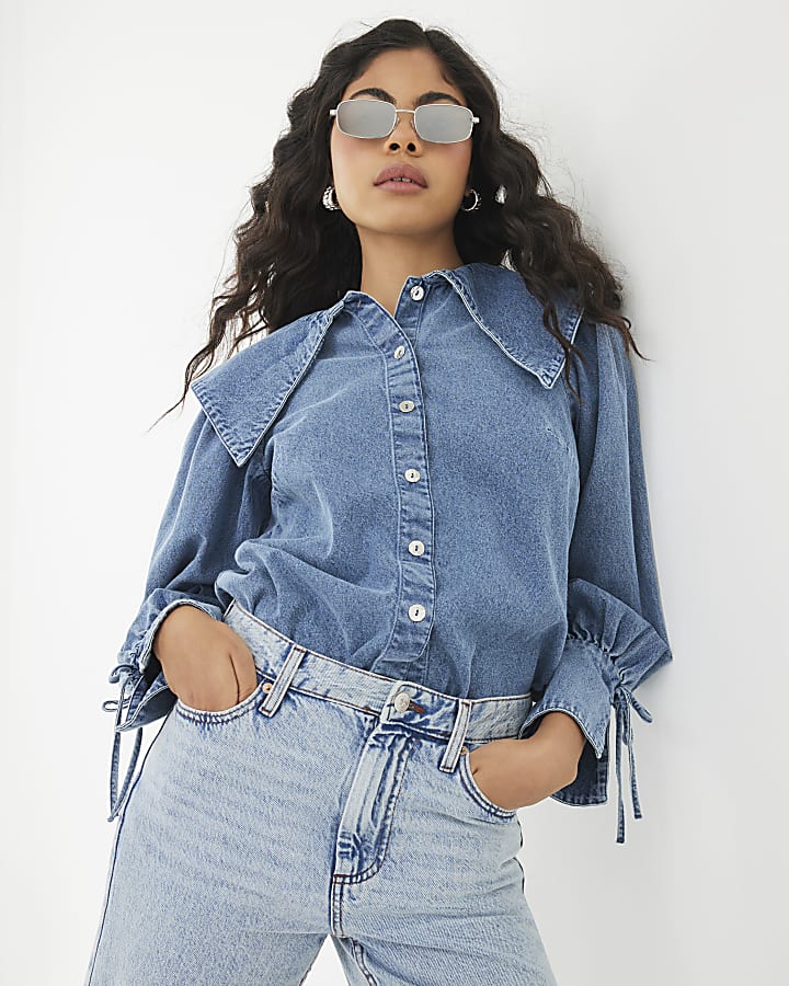 Blue Denim Long Sleeve Collared Shirt