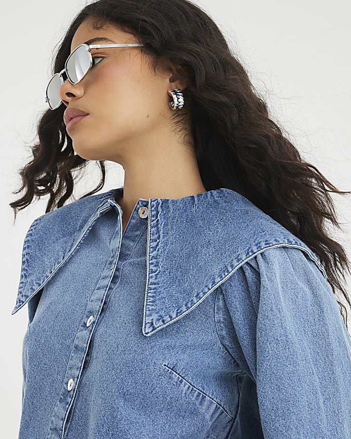 Blue Denim Long Sleeve Collared Shirt