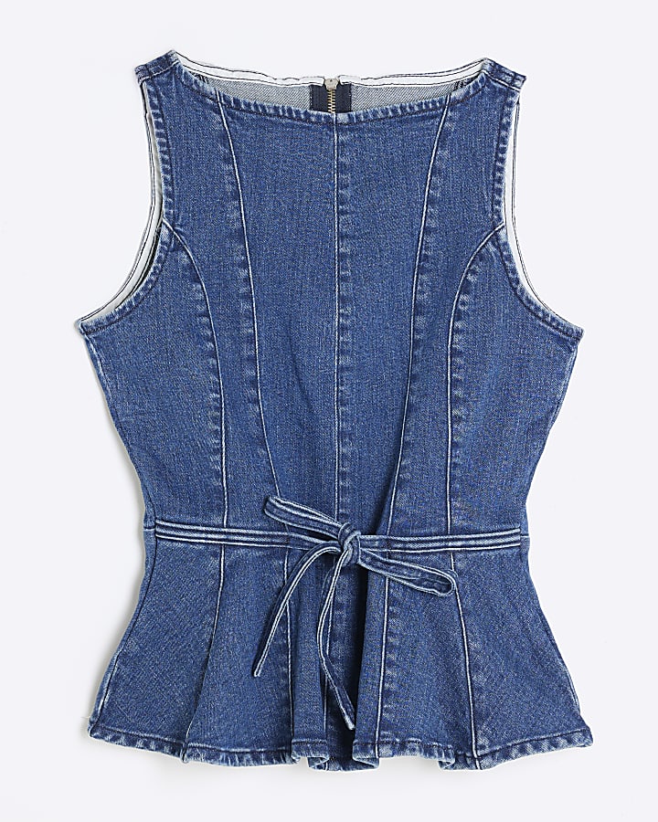 Blue Denim Bow Peplum Top