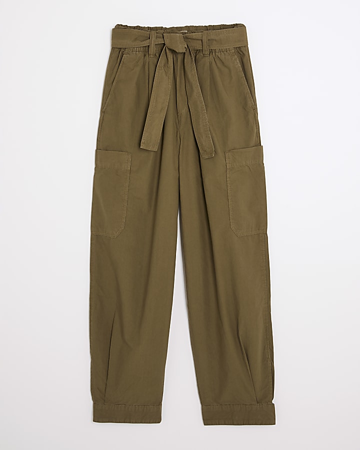 Khaki Belted Barrel Trousers