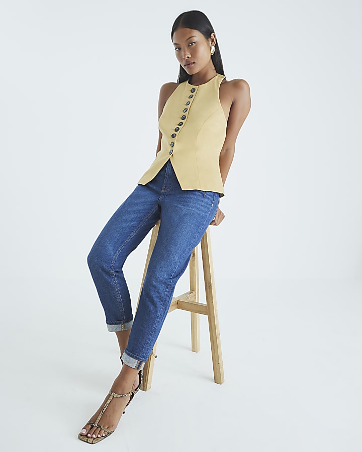Petite Blue High Rise Mom Jeans