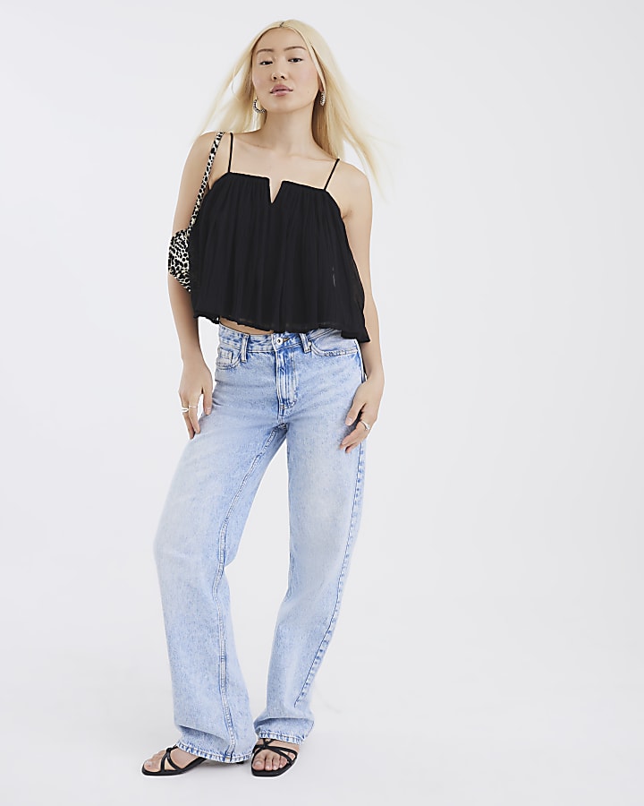 Black Notch Front Pleated Cami Top