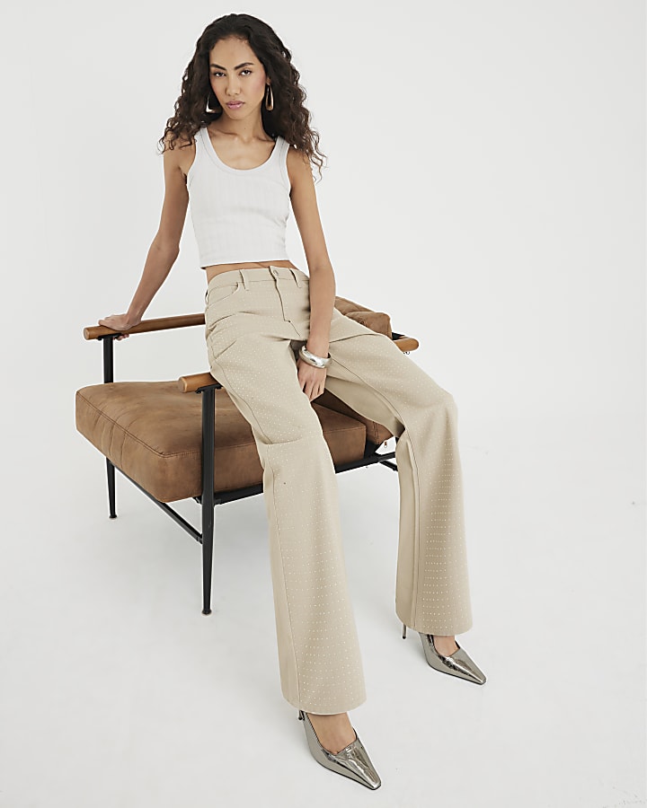 Beige High Rise Diamante Loose Wide Leg Jeans