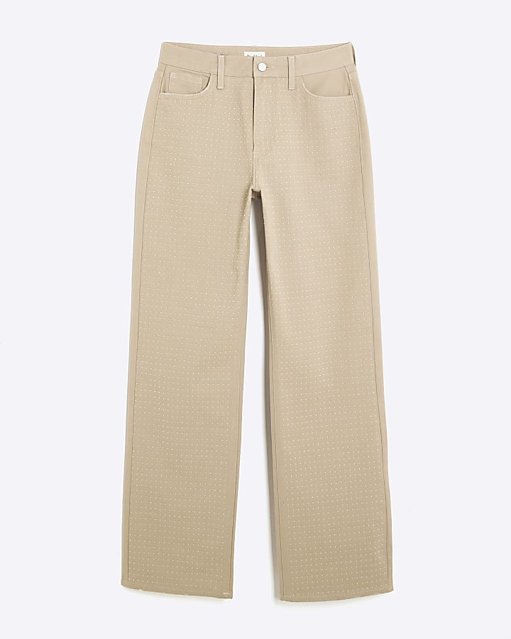 Beige High Rise Diamante Loose Wide Leg Jeans