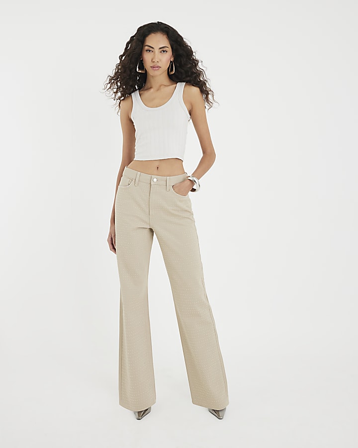 Beige High Rise Diamante Loose Wide Leg Jeans
