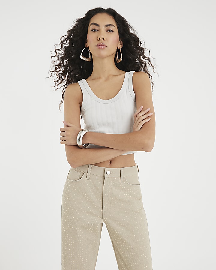 Beige High Rise Diamante Loose Wide Leg Jeans