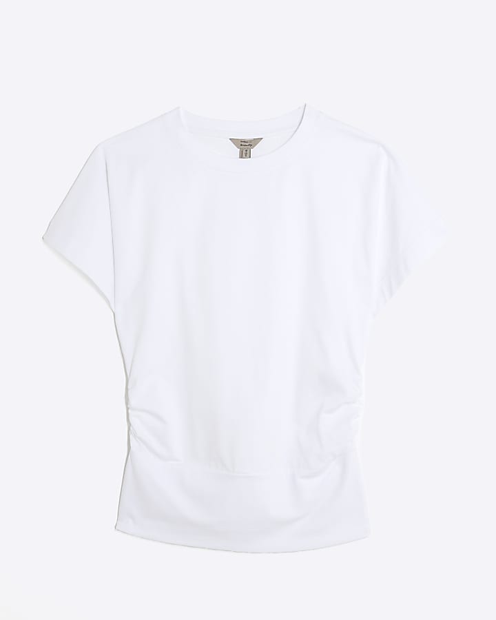 White Ruched Side Kimono Sleeve T-shirt