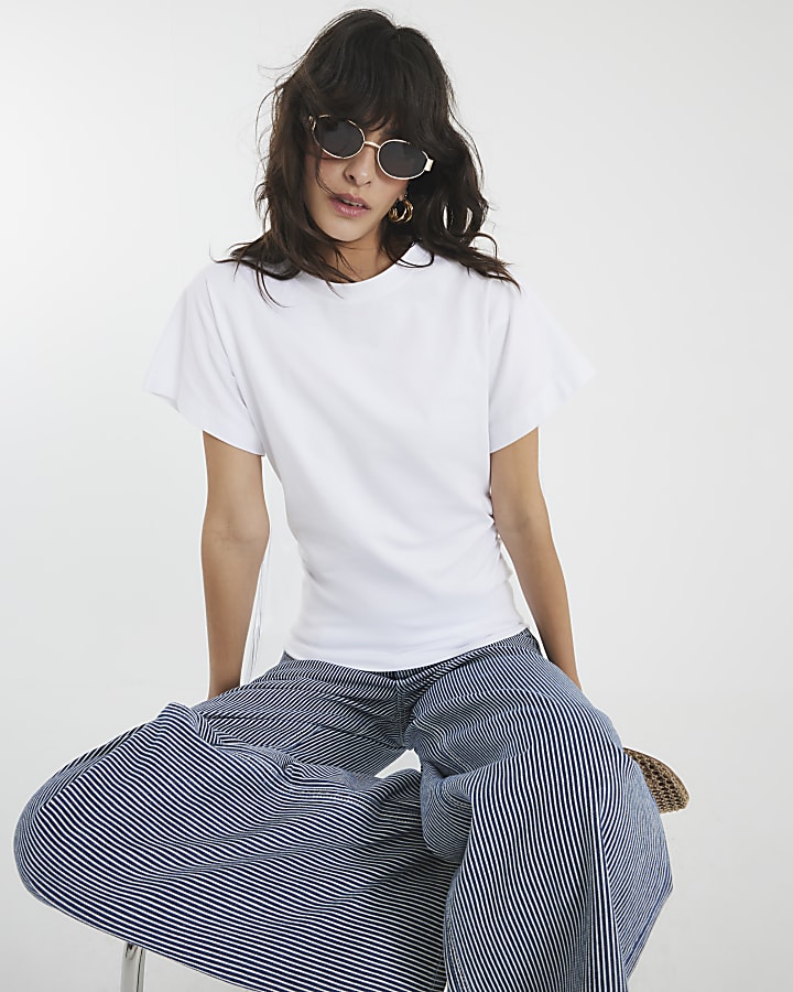 White Ruched Side Kimono Sleeve T-shirt
