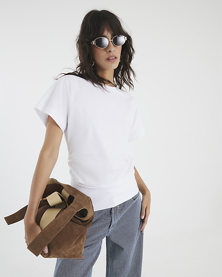 White Ruched Side Kimono Sleeve T-shirt