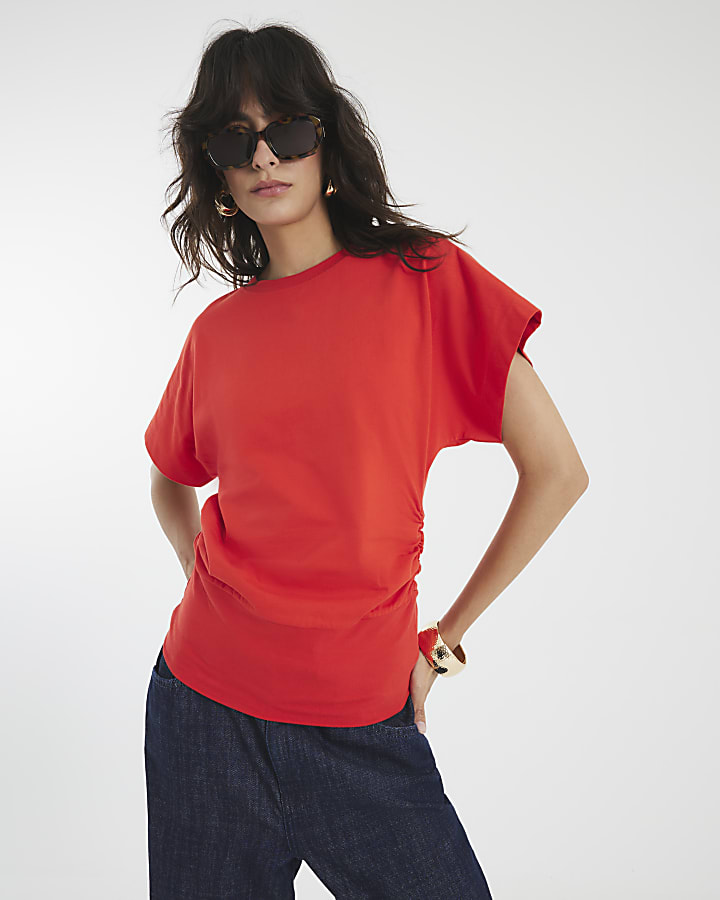 Red Ruched Side Kimono Sleeve T-shirt