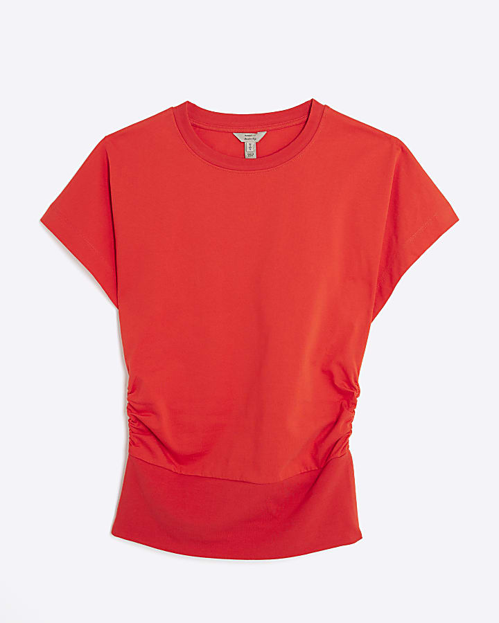 Red Ruched Side Kimono Sleeve T-shirt