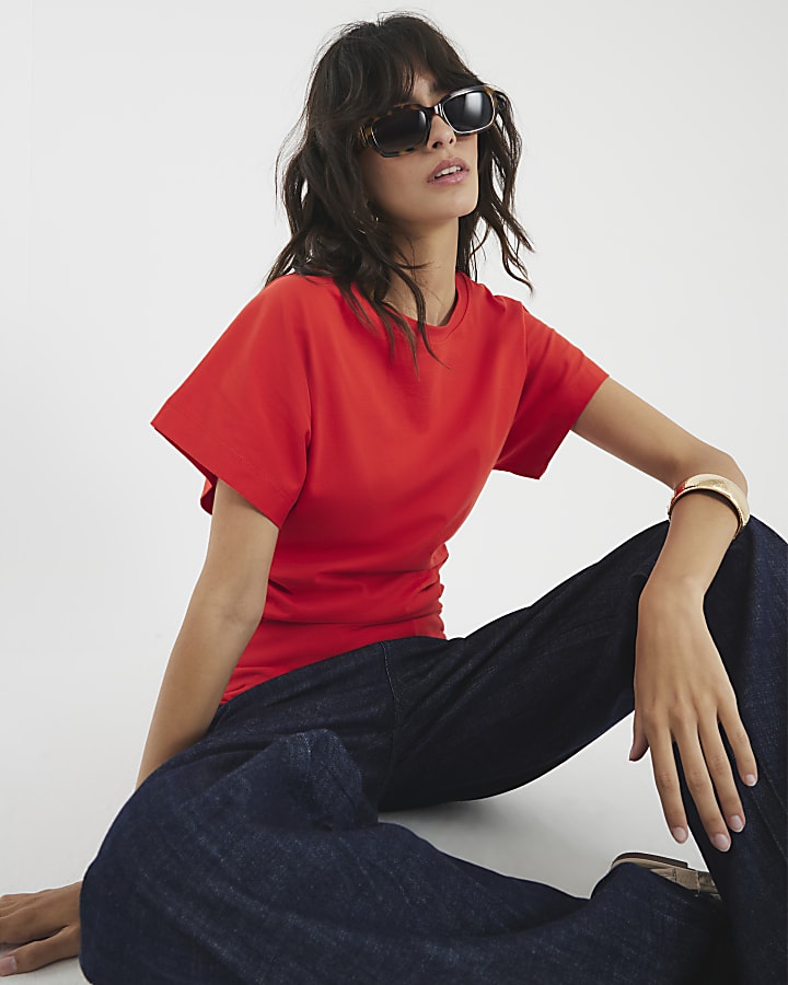 Red Ruched Side Kimono Sleeve T-shirt