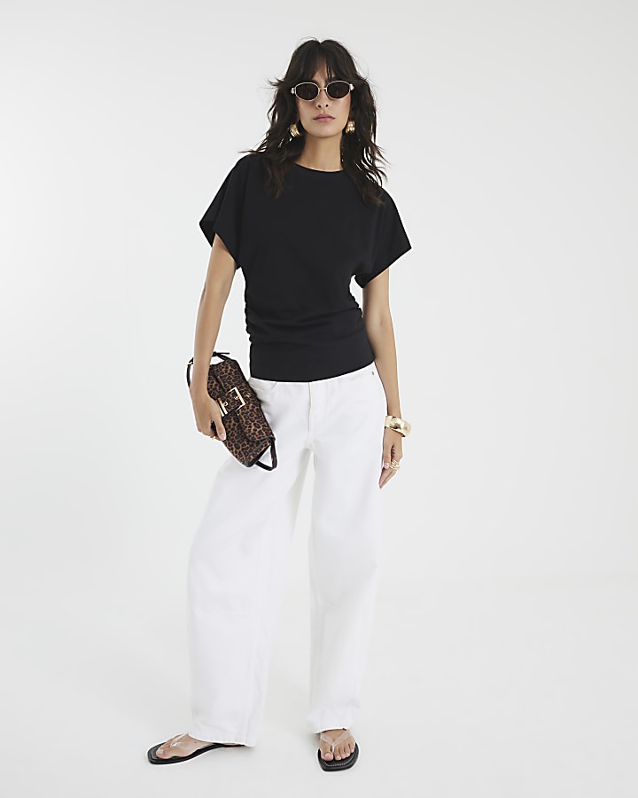 Black Ruched Side Kimono Sleeve T-shirt