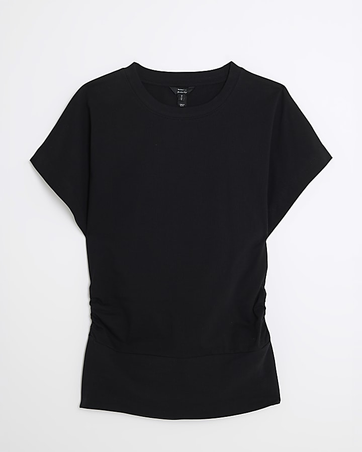 Black Ruched Side Kimono Sleeve T-shirt