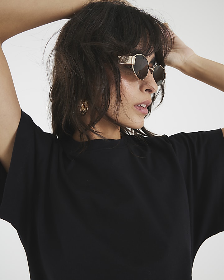 Black Ruched Side Kimono Sleeve T-shirt