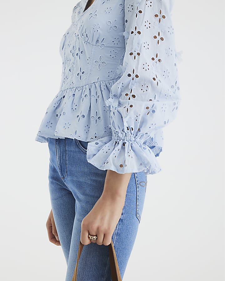 Blue Long Sleeve Broderie Peplum Blouse