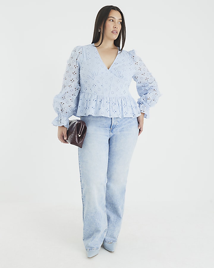 Blue Long Sleeve Broderie Peplum Blouse