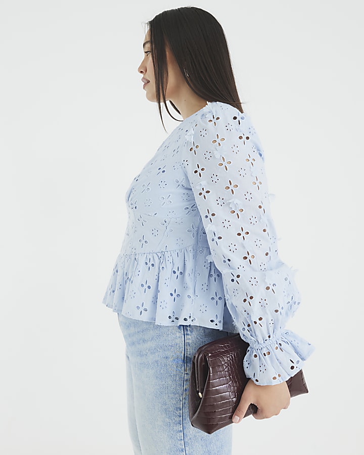 Blue Long Sleeve Broderie Peplum Blouse