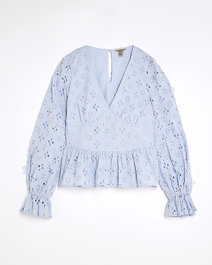 Blue Long Sleeve Broderie Peplum Blouse