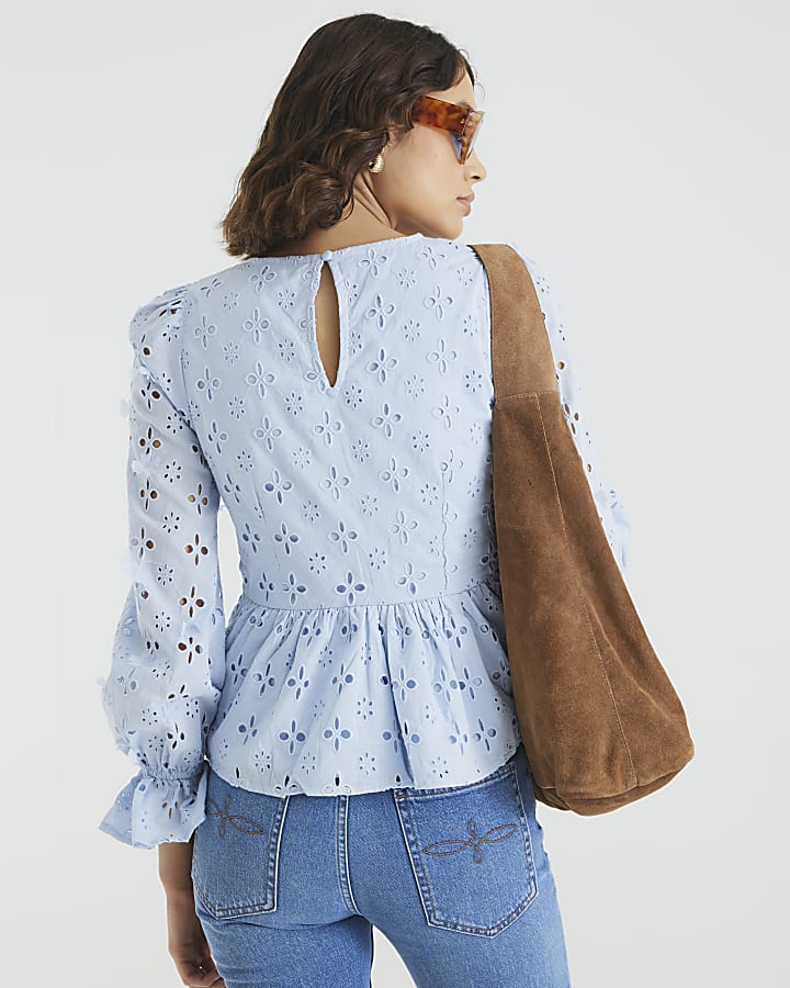 Blue Long Sleeve Broderie Peplum Blouse
