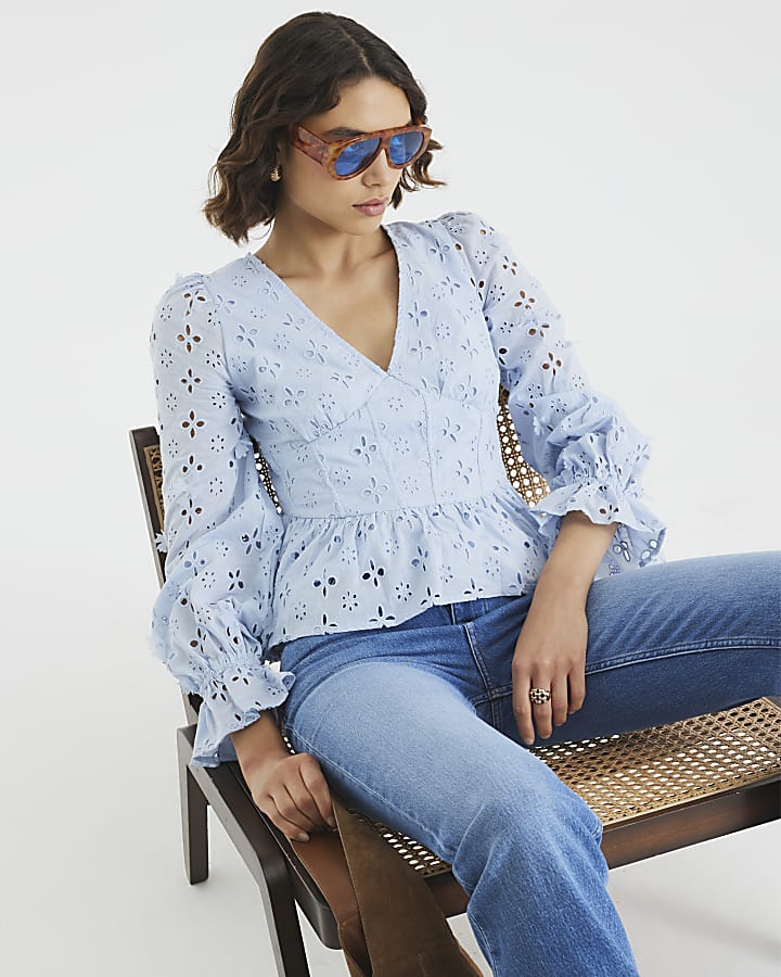 Blue Long Sleeve Broderie Peplum Blouse