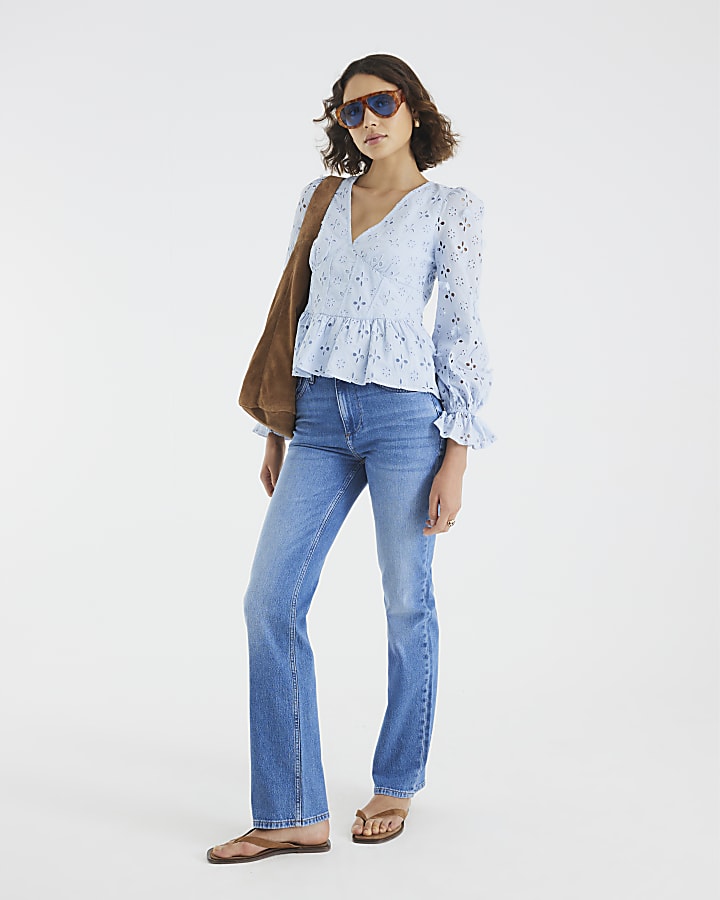 Blue Long Sleeve Broderie Peplum Blouse