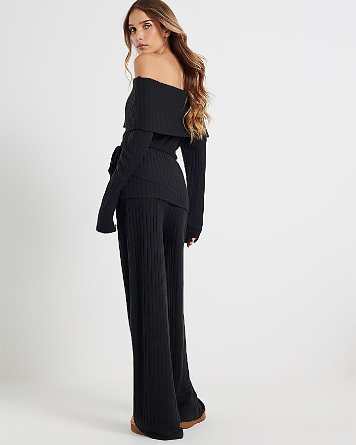 Black Long Sleeve Bardot Loungewear Set