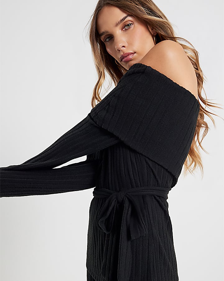 Black Long Sleeve Bardot Loungewear Set