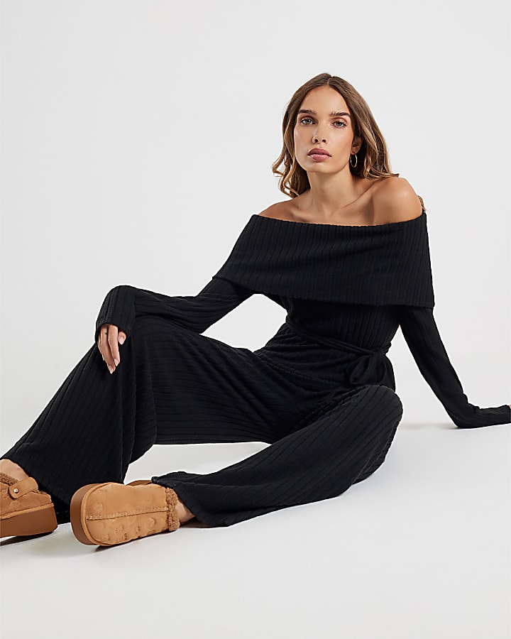Black Long Sleeve Bardot Loungewear Set