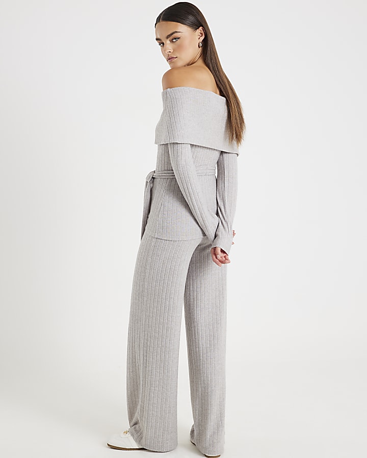 Grey Bardot Top And Trousers Loungewear Set