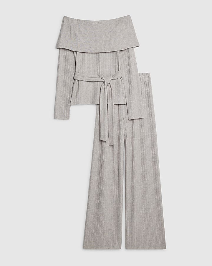 Grey Bardot Top And Trousers Loungewear Set