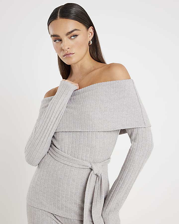 Grey Bardot Top And Trousers Loungewear Set