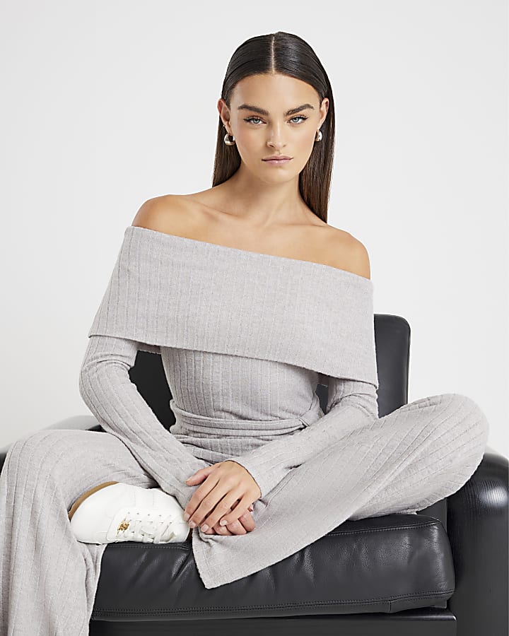 Grey Bardot Top And Trousers Loungewear Set