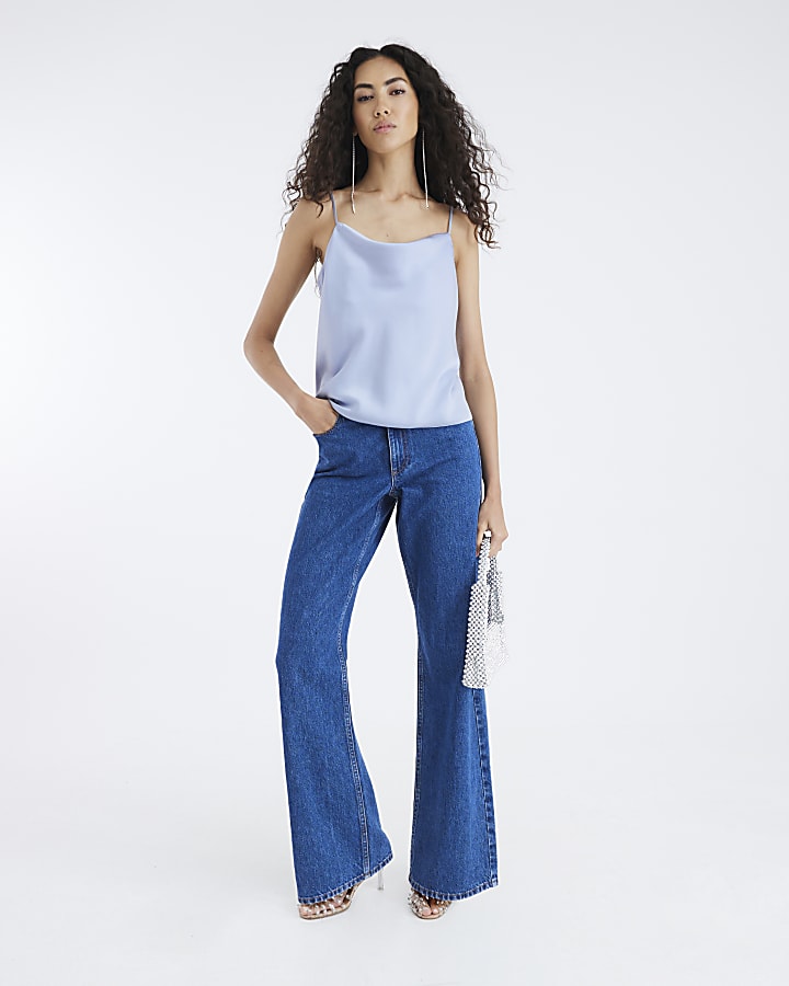 Blue Satin Cowl Neck Cami Top