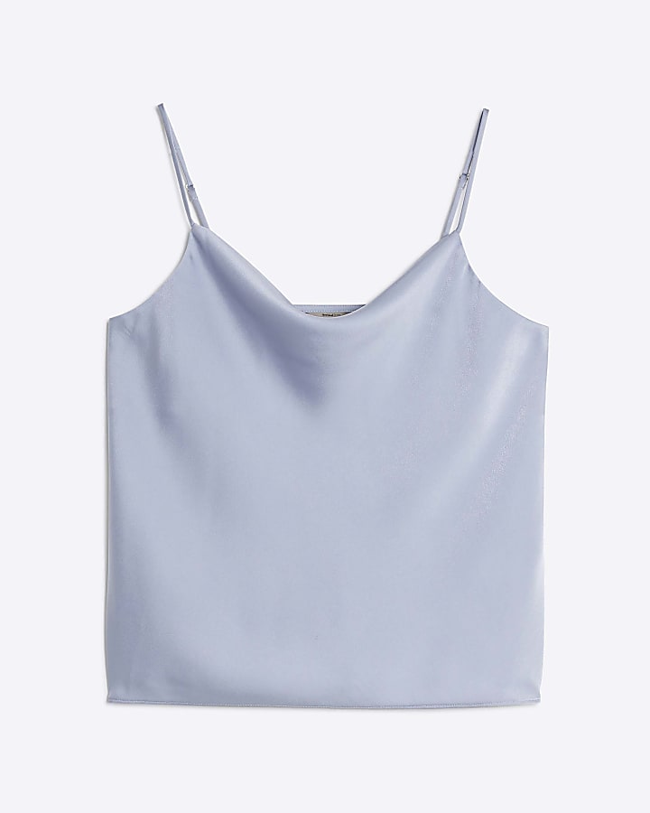 Blue Satin Cowl Neck Cami Top