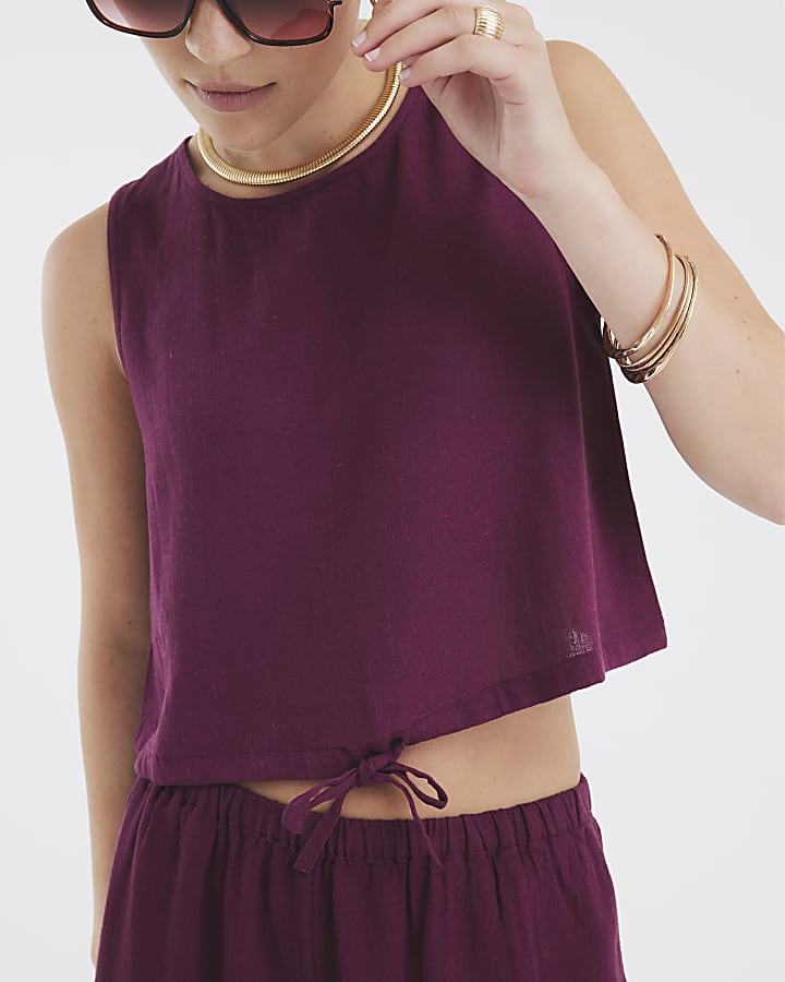 Purple Linen Blend Sleeveless Tank Top