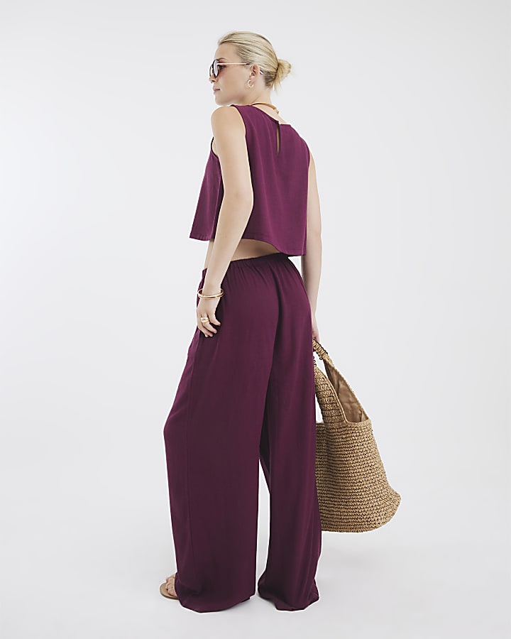 Purple Linen Blend Wide Leg Trousers
