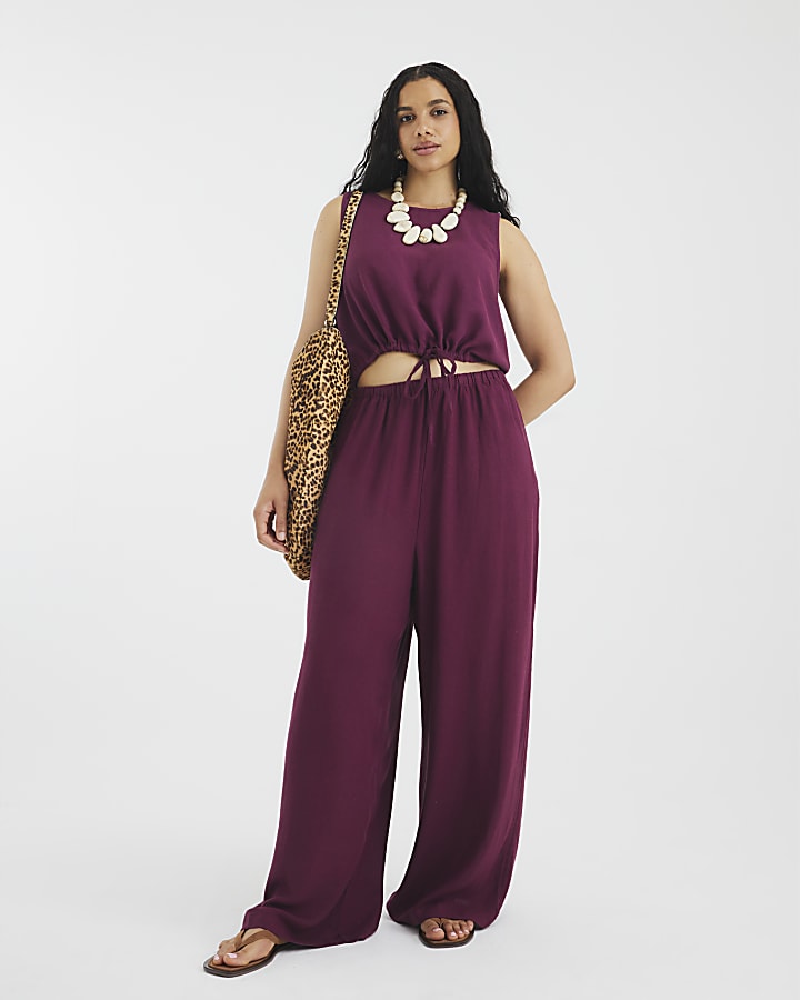 Purple Linen Blend Wide Leg Trousers