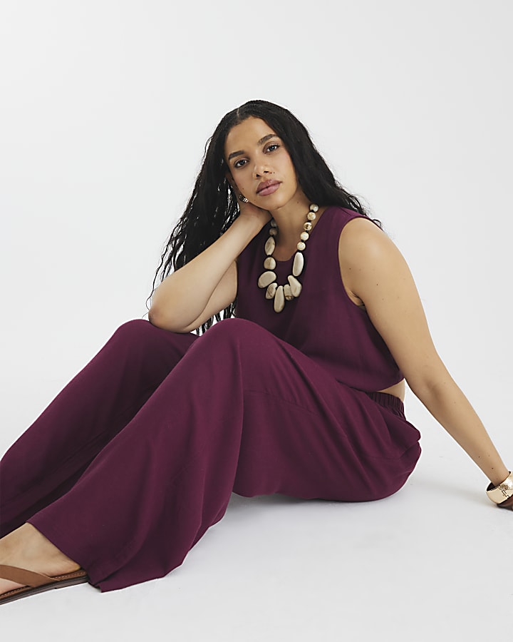 Purple Linen Blend Wide Leg Trousers