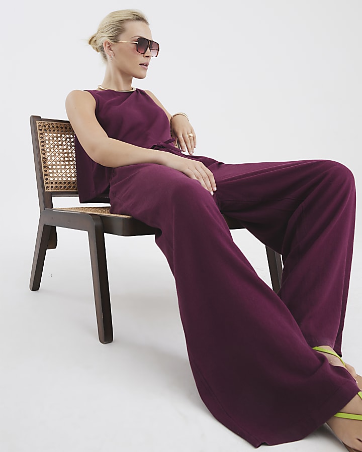 Purple Linen Blend Wide Leg Trousers