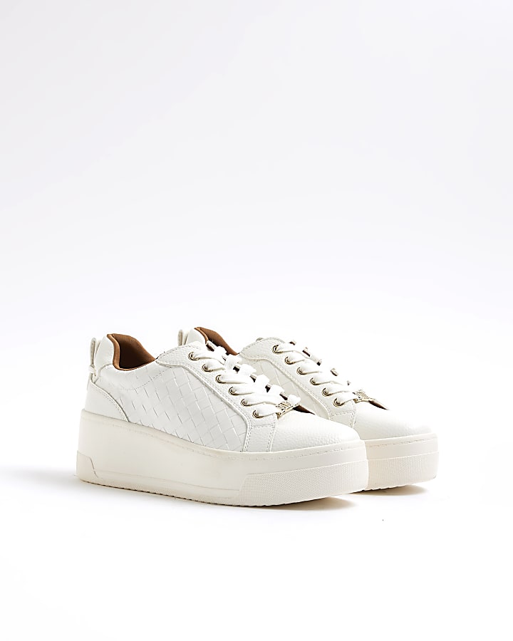 White Woven Lace Up Trainers