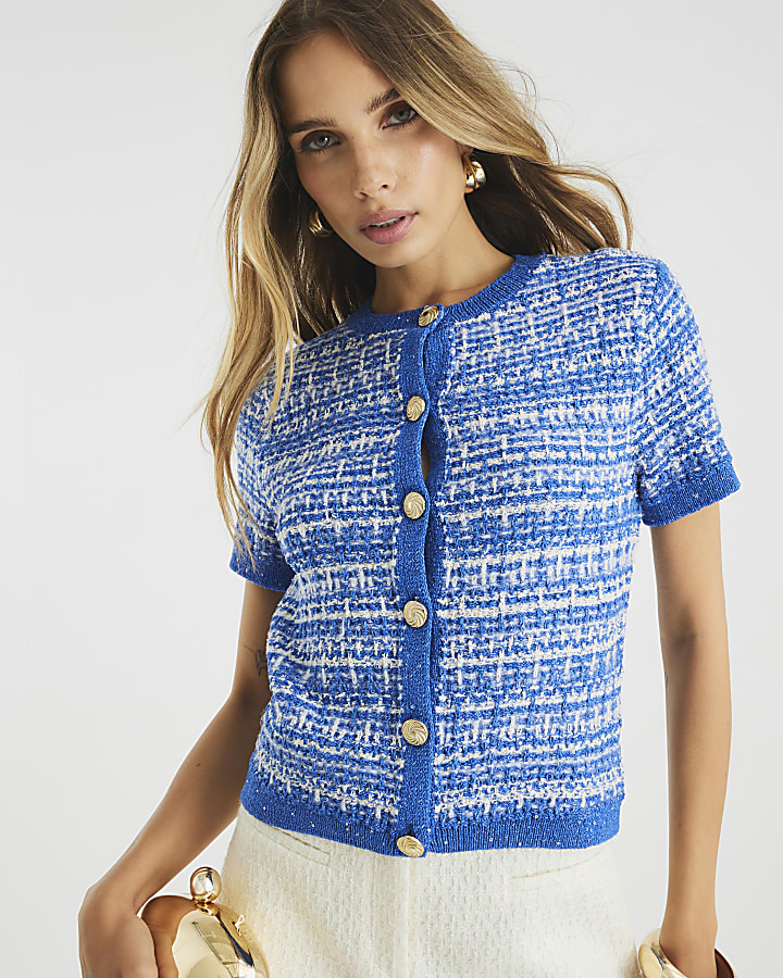 Blue Short Sleeve Boucle Cardigan
