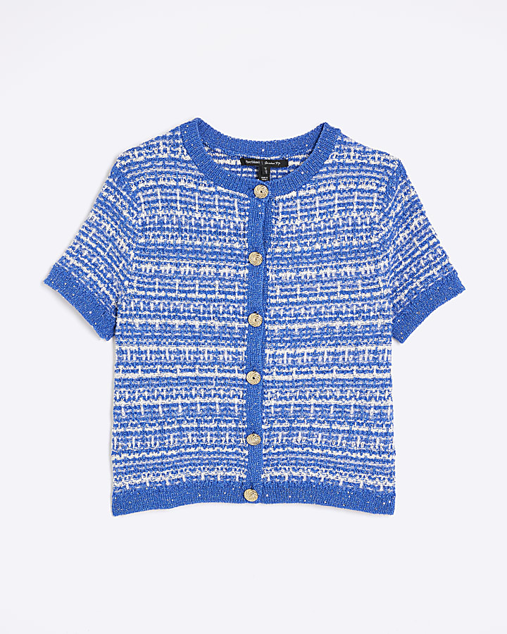 Blue Short Sleeve Boucle Cardigan