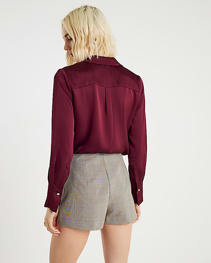 Red Satin Long Sleeve Slim Fit Shirt